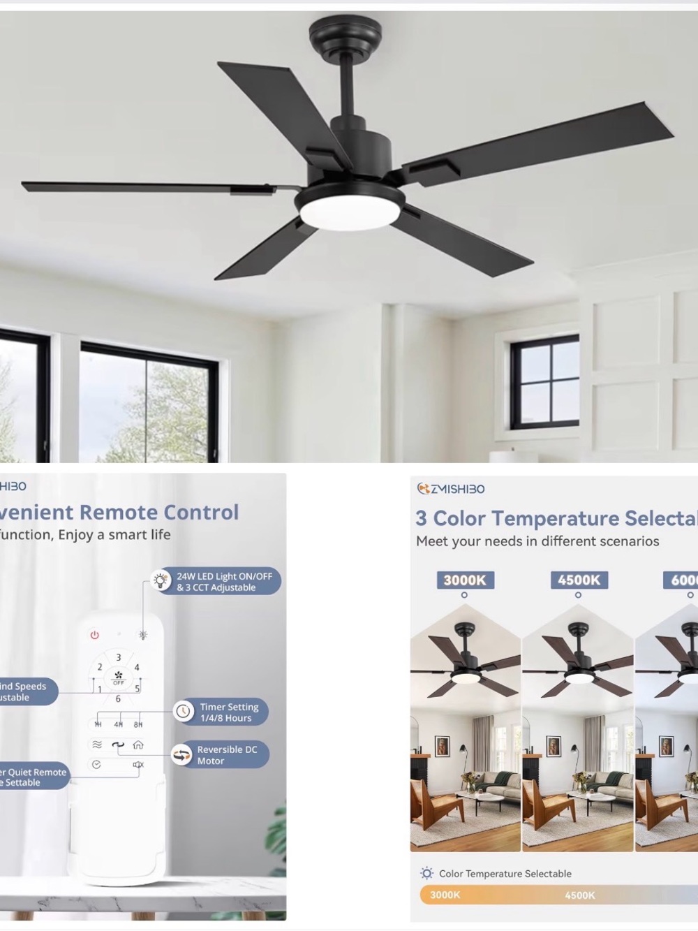 ZMISHIBO 52 inch Black Ceiling Fans with Lights and Remote, Indoor/Outdoor